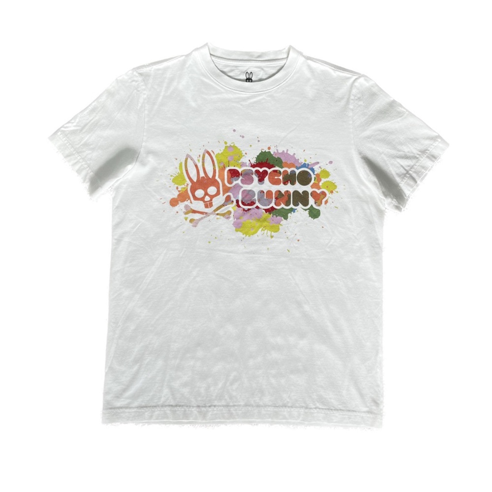Psycho Bunny White T-Shirt Men’s Size Small Paint Splatter Design